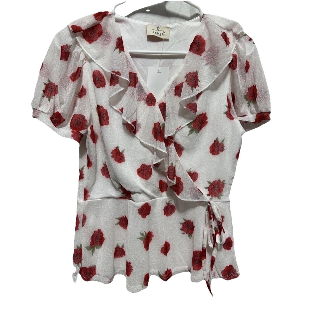 Ember Women's White/Red/Green Floral Ruffle Wrap Tie V-Neck Blouse S